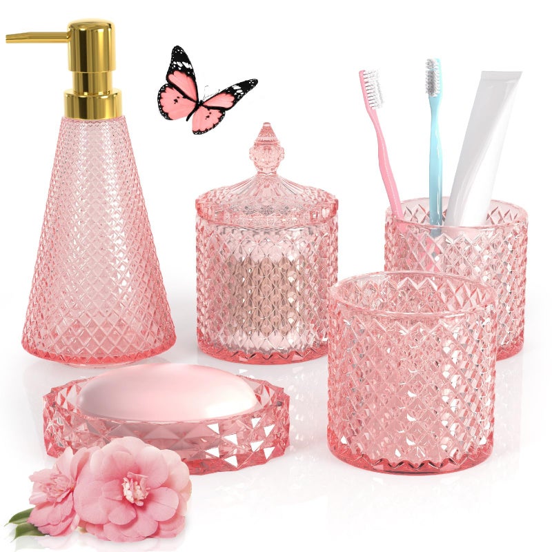 QIQU Pink Bathroom Accessories Set  5 Pcs Premium Glass Bathroom Accessory Set with Vanity Organizer  Lotion Dispenser  Soap Dish  Bathroom Tumbler  Cotton Swab Jars - Image 1